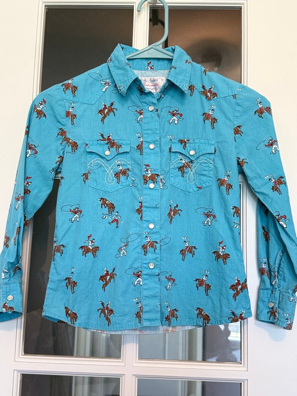 Panhandle Slim Western Pearl Snap Rodeo Cowboy Print Shirt child Small Turquoise